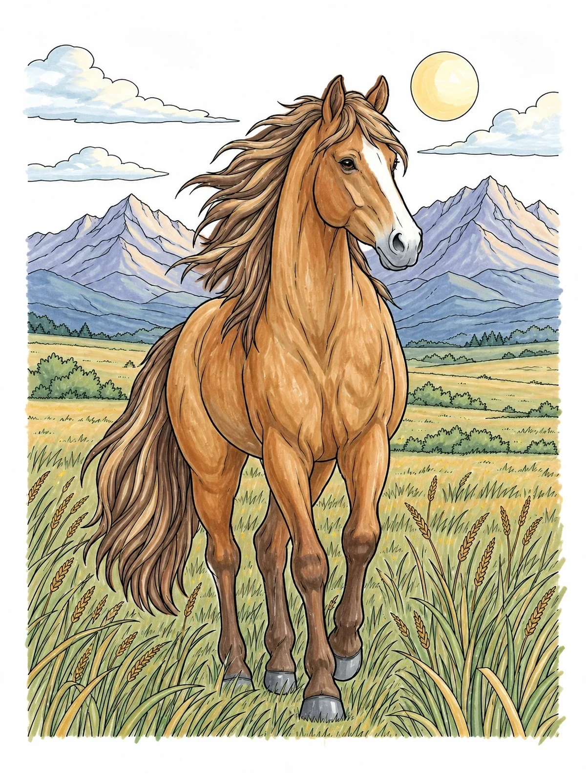 Colored example of the Wild Stallion In Open Mountain Prairie coloring page
