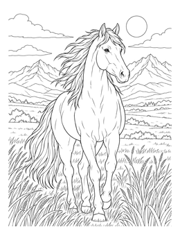 A proud wild horse stands in a prairie on this spirit coloring page.