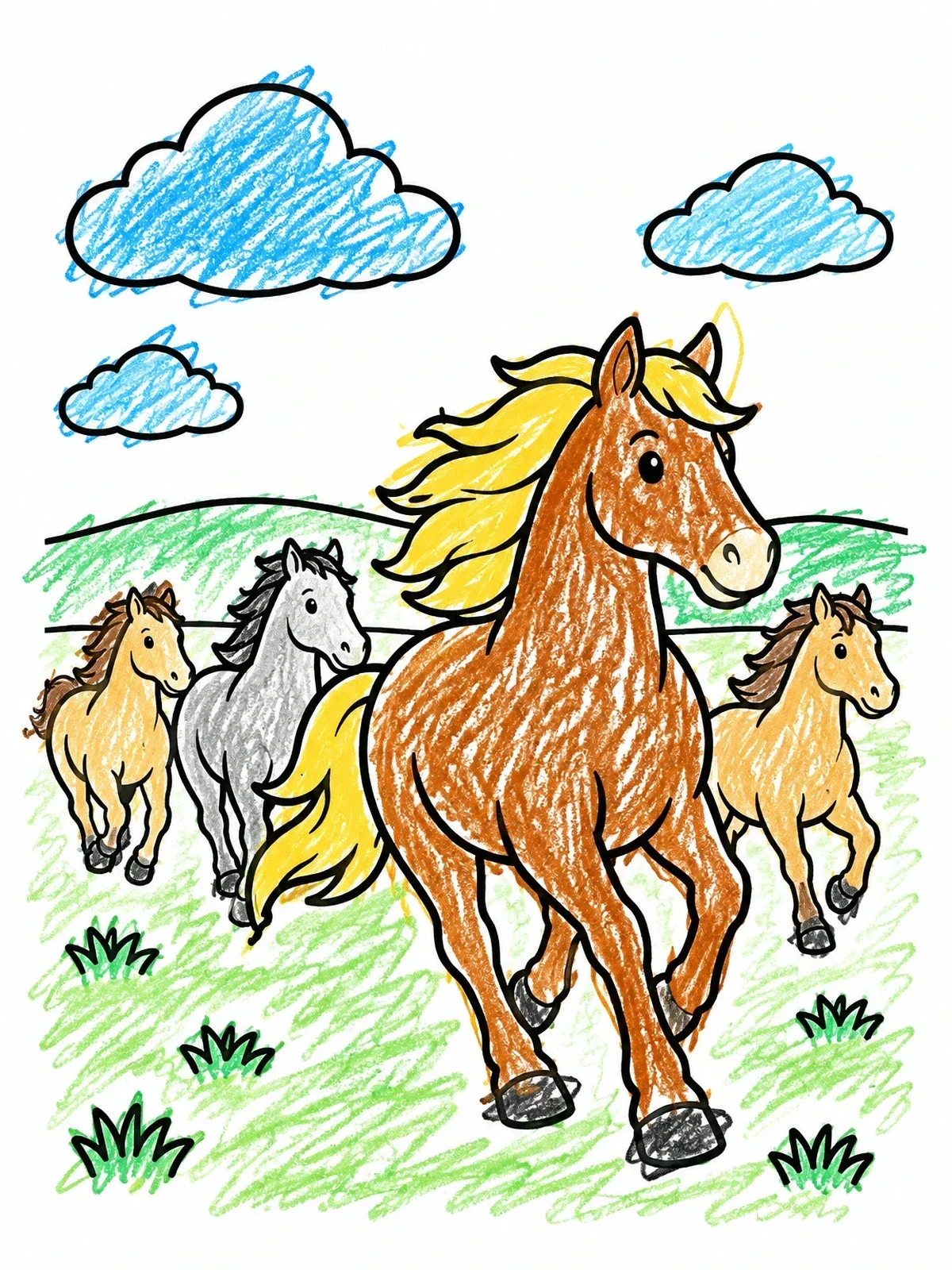 Colored example of the Wild Horses Galloping Across Prairie coloring page