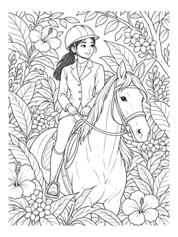 A young equestrian on a horse surrounded by flowers on this spirit coloring page.