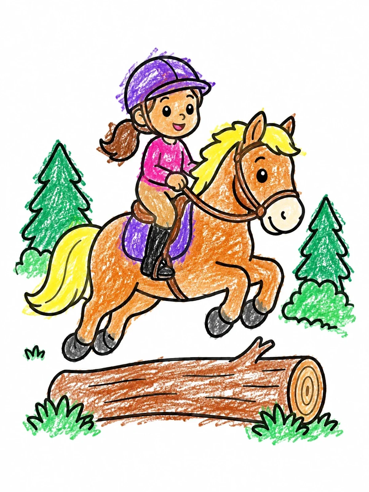Colored example of the Young Rider Leaping Over A Fallen Log coloring page