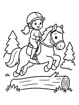 A cheerful girl jumps a pony over a log in this spirit coloring page.