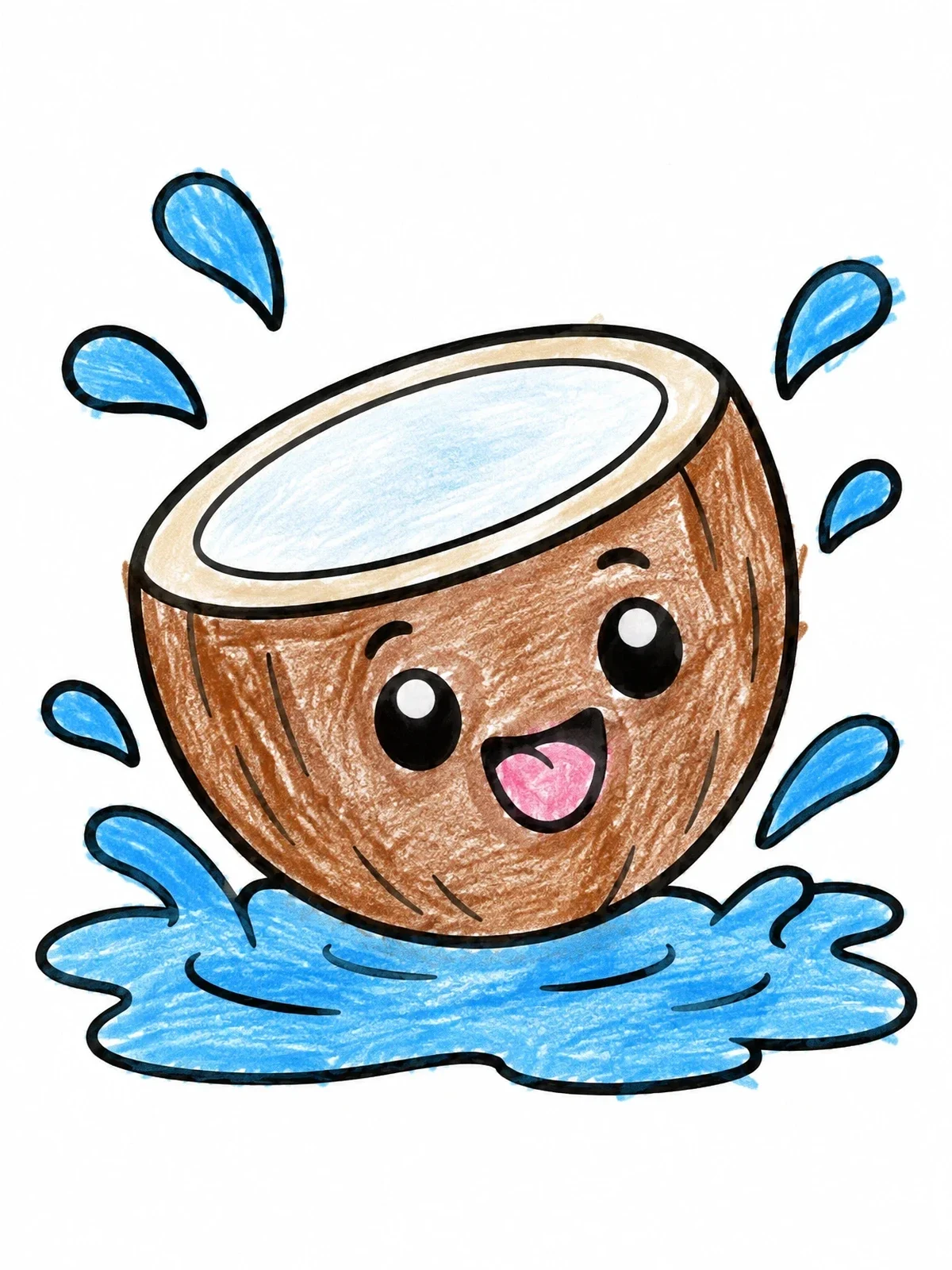 Colored example of the Splashing Happy Coconut Half coloring page
