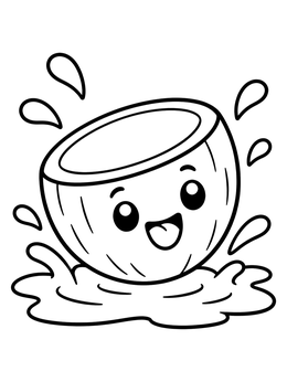 A cute coconut coloring page featuring a happy coconut half splashing in water drops.