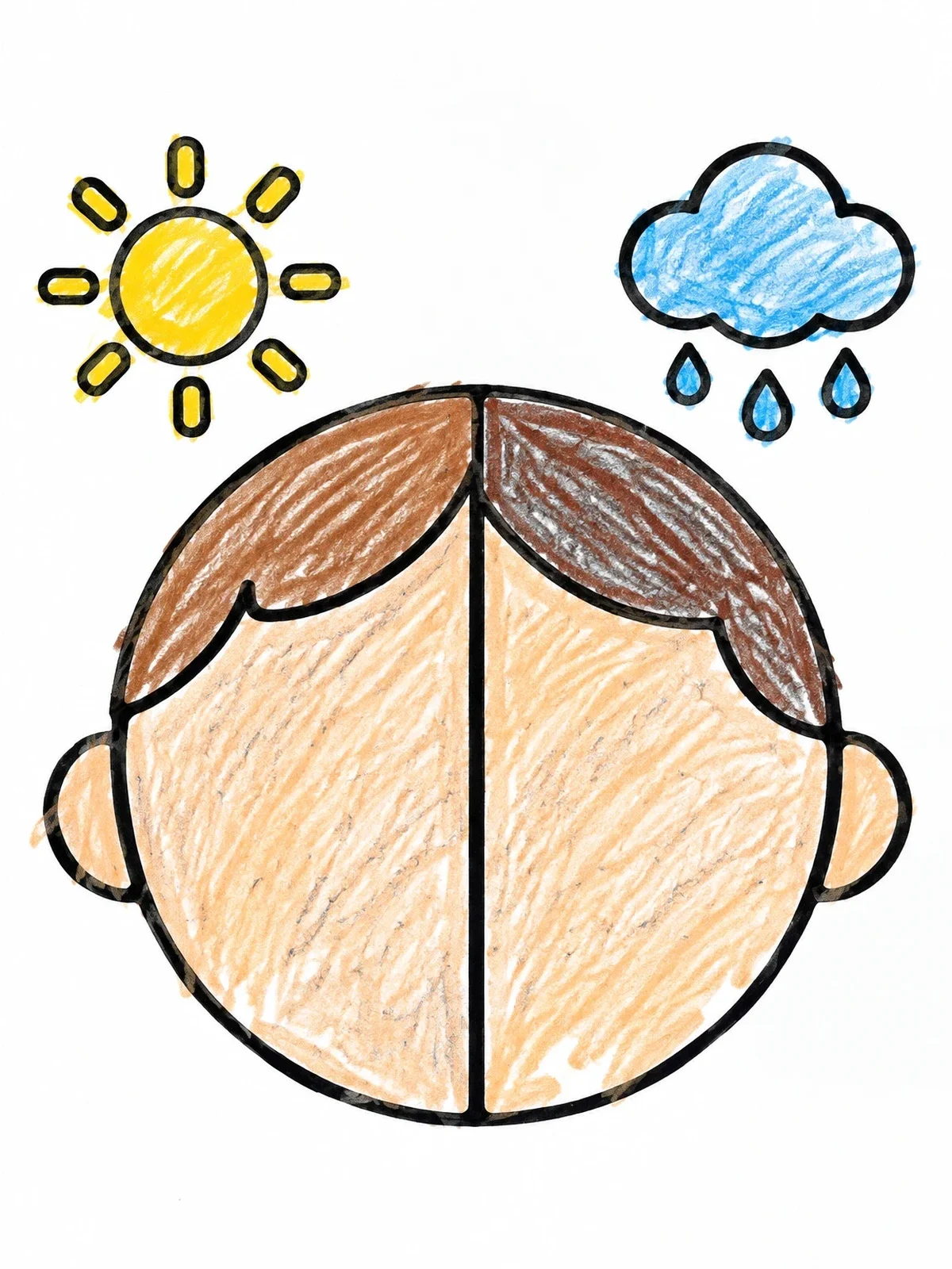 Colored example of the Split Emotion Weather Face Template coloring page