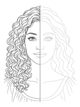 A woman's face split in half with dashed guidelines in this portrait coloring page.