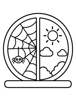 Free printable Split Round Window With Spider And Sun coloring page