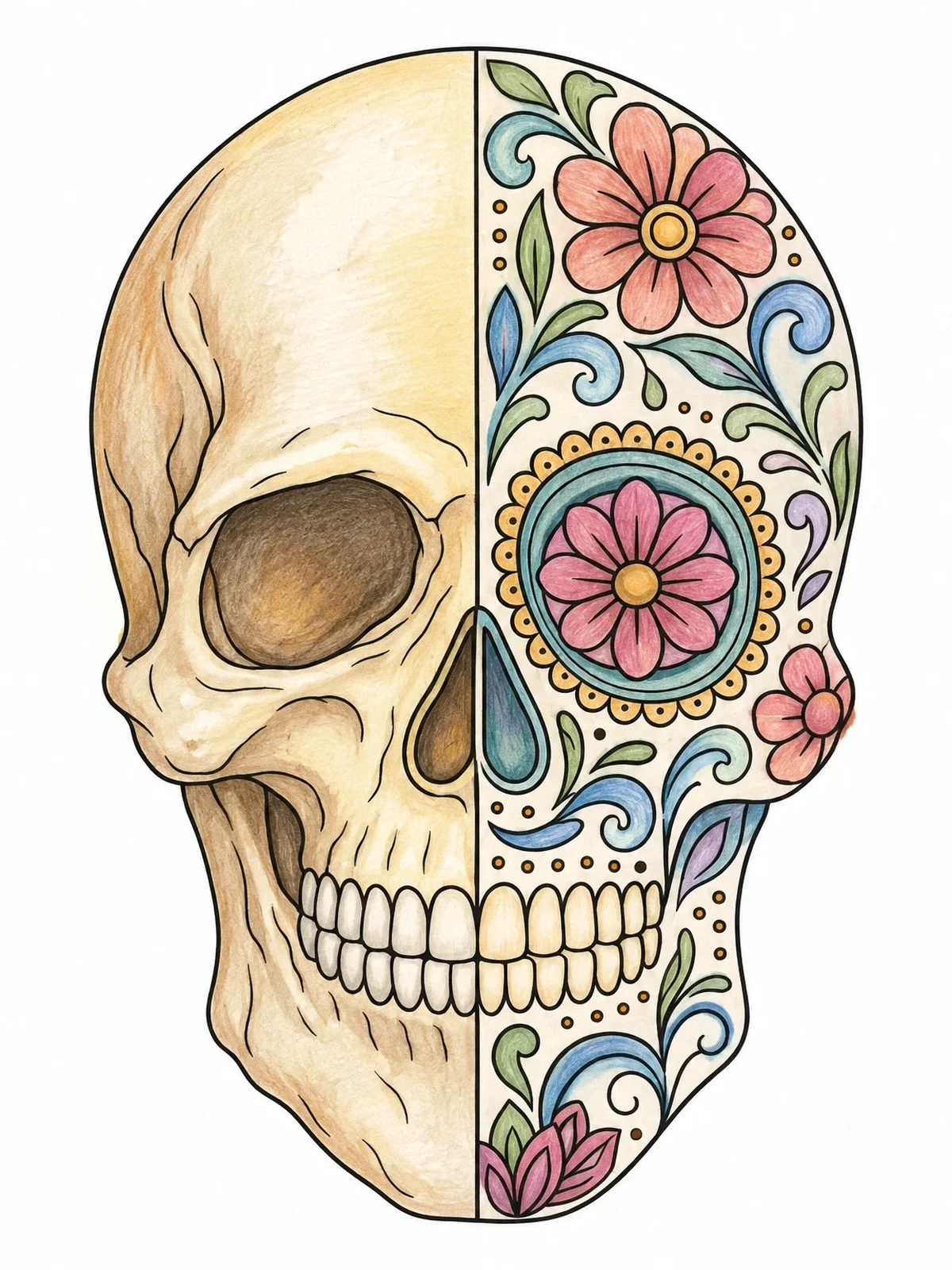 Colored example of the Split Sugar Skull And Anatomical Bone coloring page