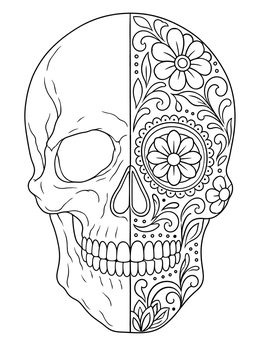 A detailed split skull coloring page showing realistic bone on one half and floral patterns on the other.