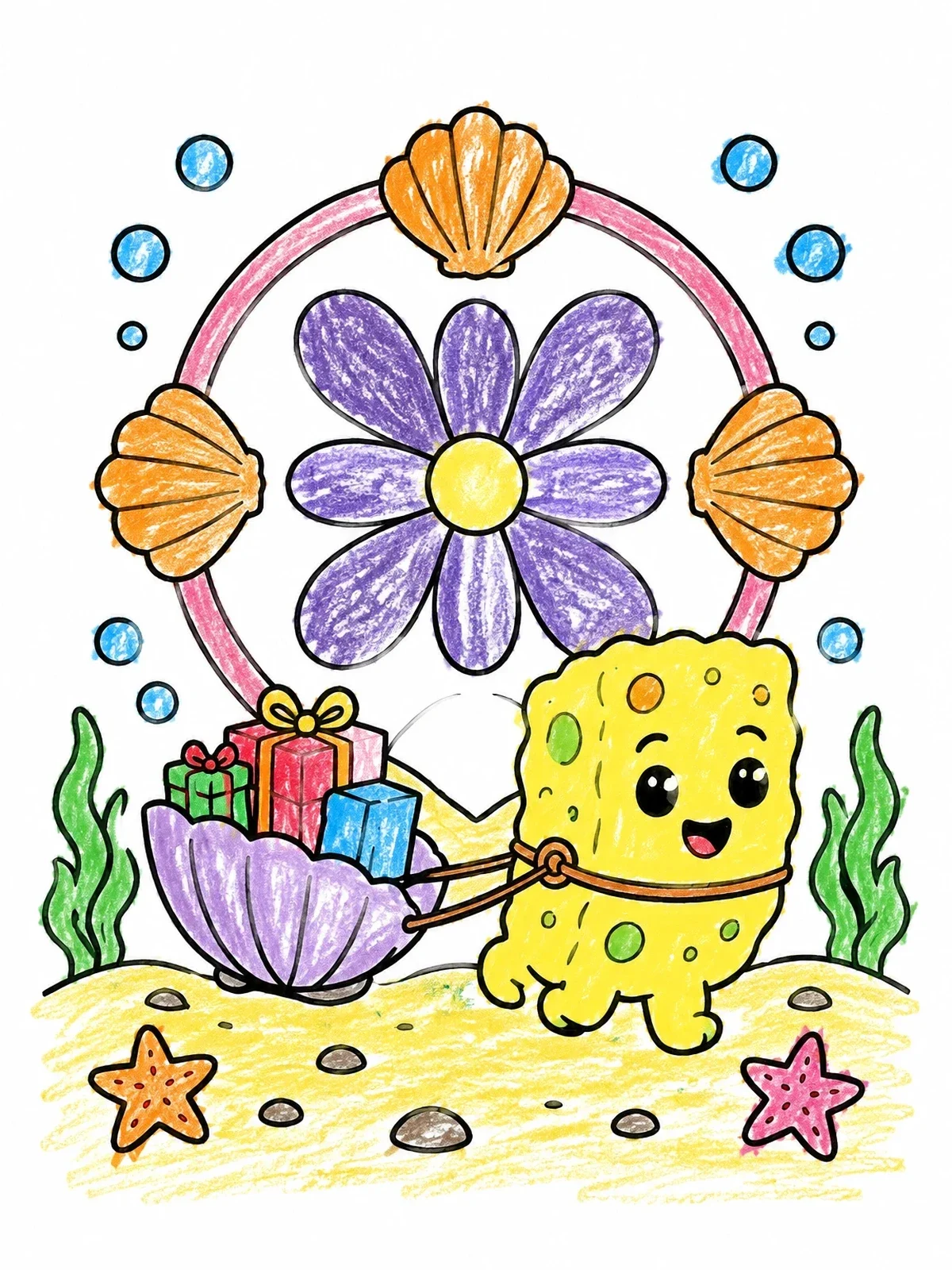 Colored example of the Sea Sponge Pulling Shell Sled coloring page