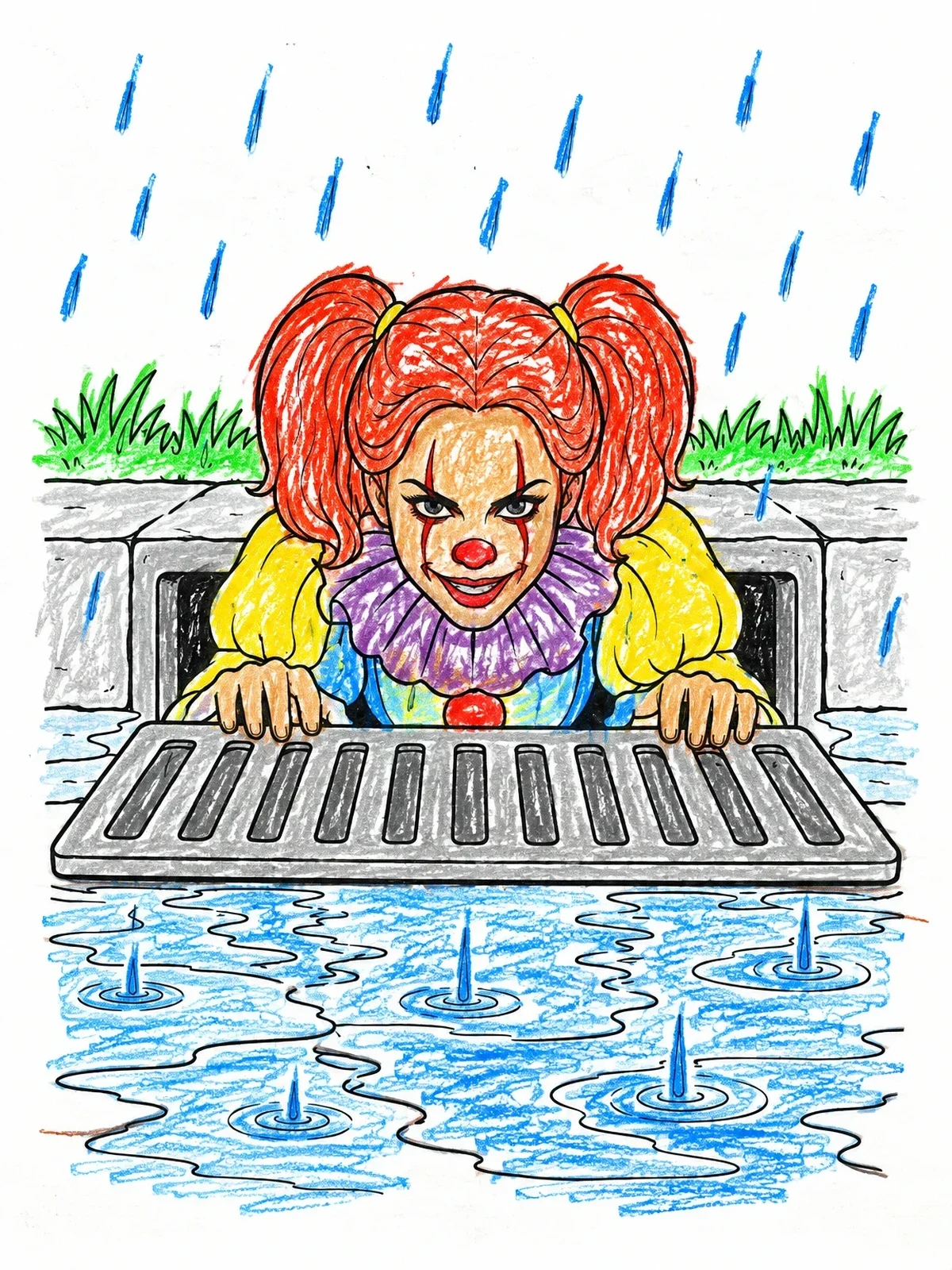 Colored example of the Spooky Clown In Storm Drain coloring page