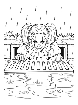 A spooky clown peering from a drain in this clown coloring page on a rainy day.