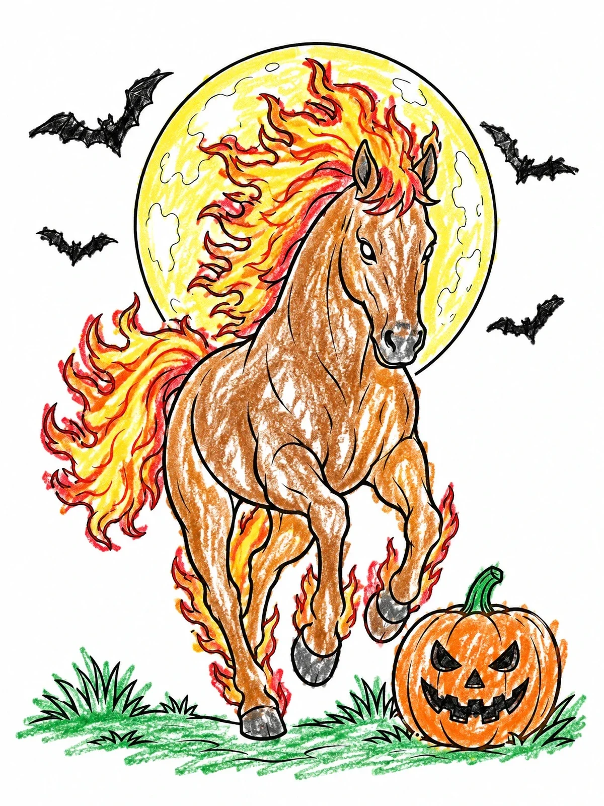 Colored example of the Spooky Galloping Halloween Horse coloring page
