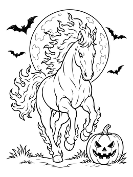 A spirited halloween horse coloring page with a fiery mane, full moon, and pumpkin.