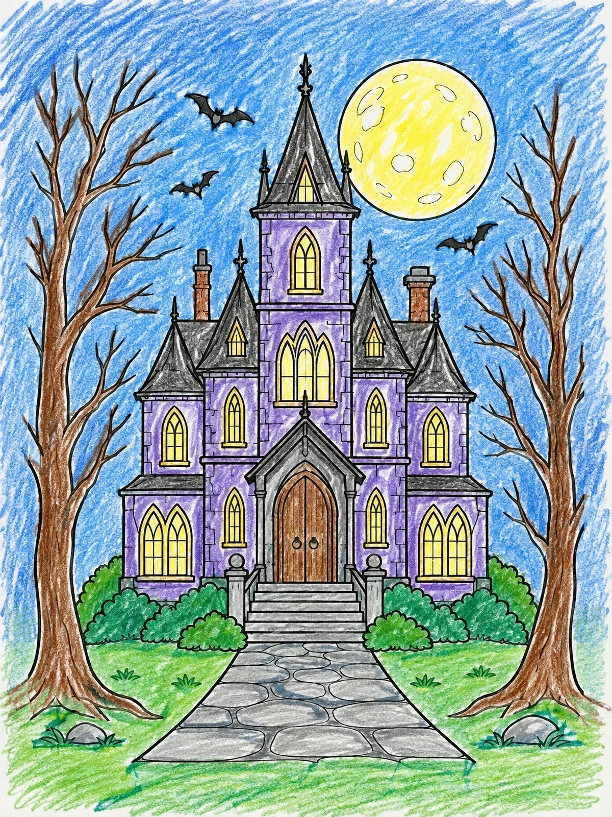 Colored example of the Spooky Gothic Mansion Under Full Moon coloring page