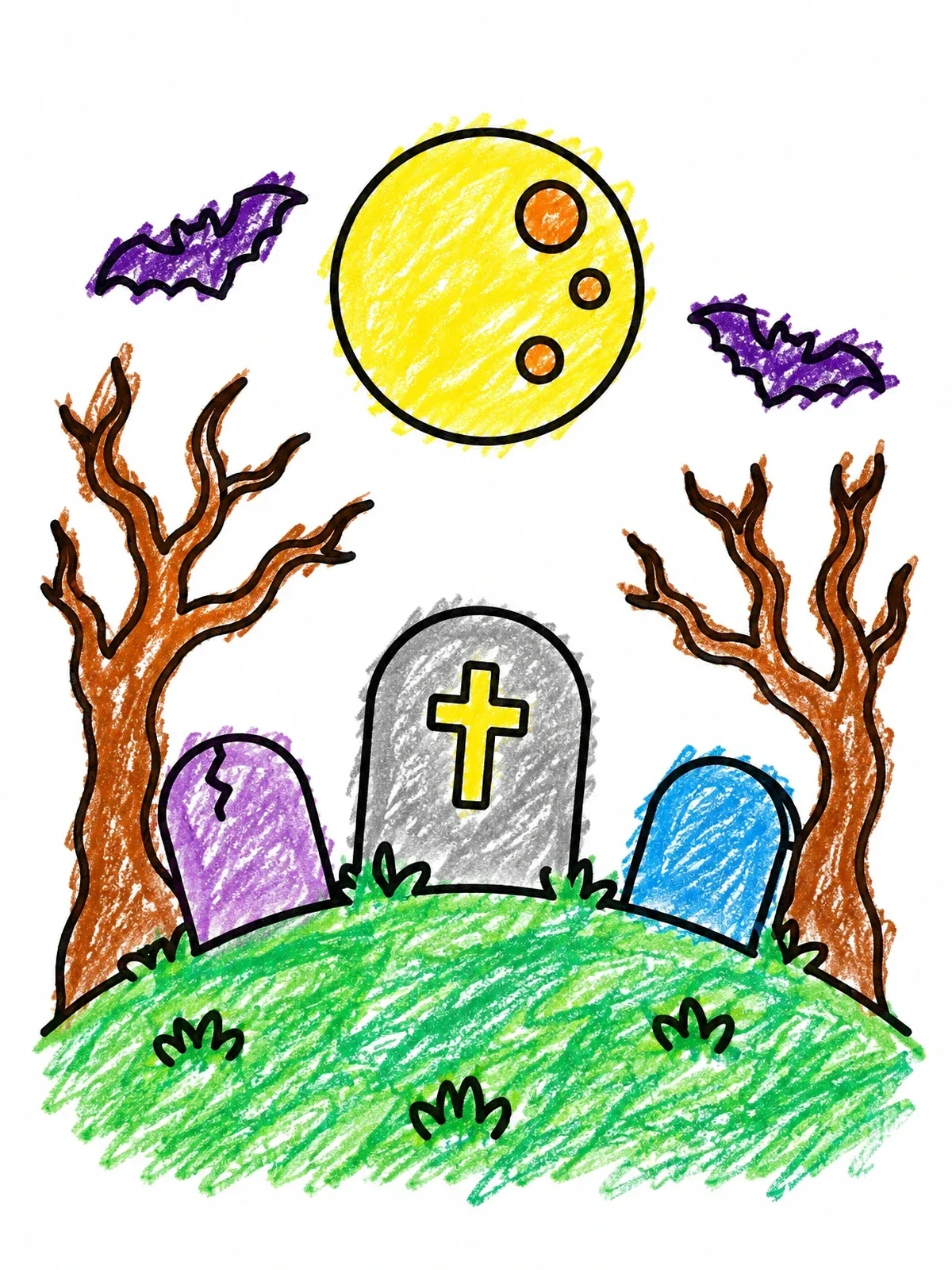 Colored example of the Spooky Graveyard Hill Under Full Moon coloring page