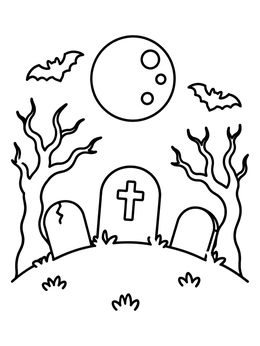 Free printable Spooky Graveyard Hill Under Full Moon coloring page