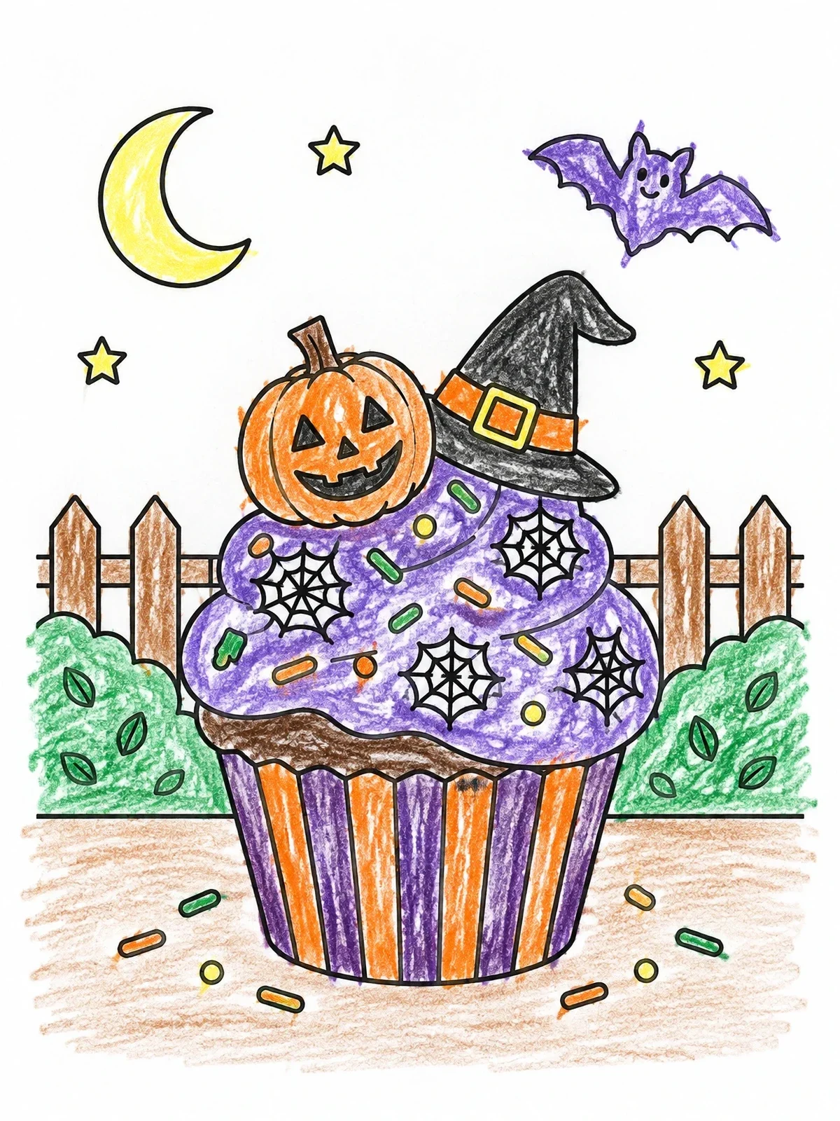 Colored example of the Spooky Halloween Cupcake And Bat coloring page