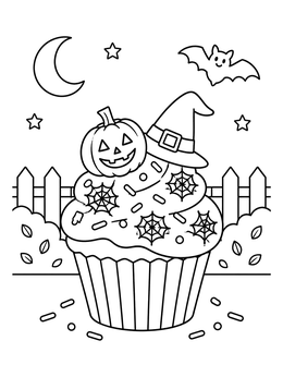 Free printable Spooky Halloween Cupcake And Bat coloring page