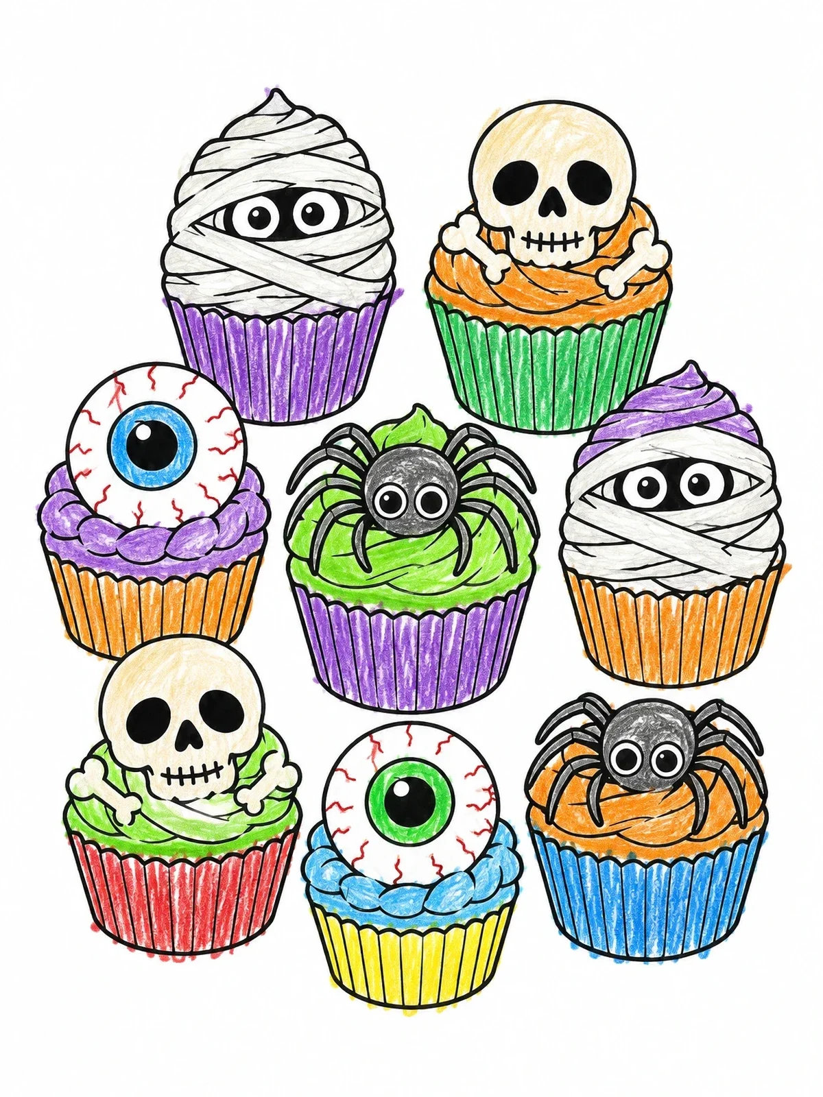 Colored example of the Spooky Halloween Cupcake Treats Set coloring page