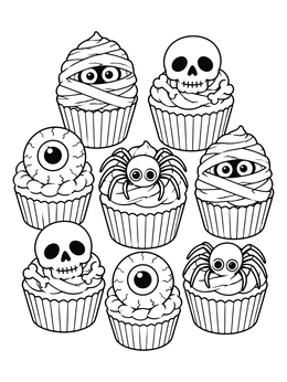 A fun halloween cupcake coloring page featuring spooky designs like mummies, skulls, eyeballs, and spiders.