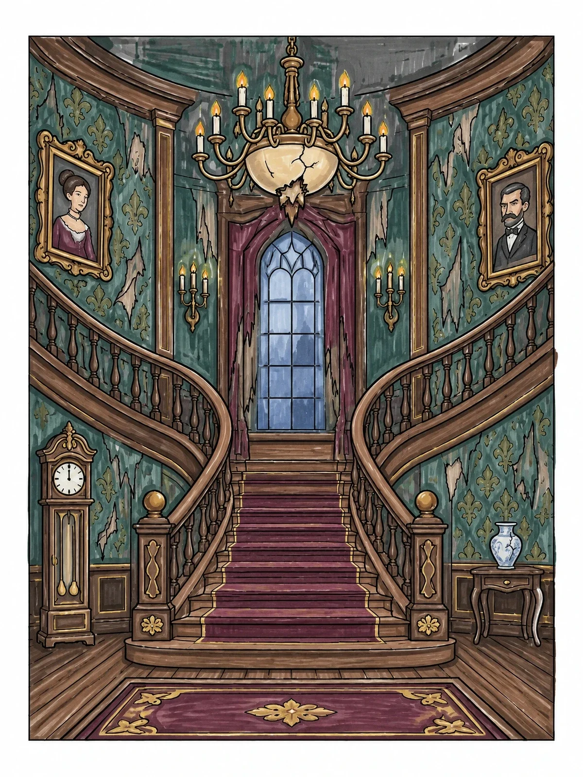 Colored example of the Spooky Haunted Mansion Grand Staircase coloring page