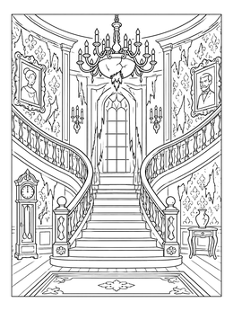 A grand haunted house coloring page featuring a sweeping staircase, chandelier, and torn wallpaper.