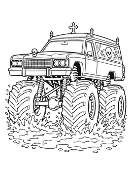 A gothic hearse monster truck coloring page driving through mud splashes.