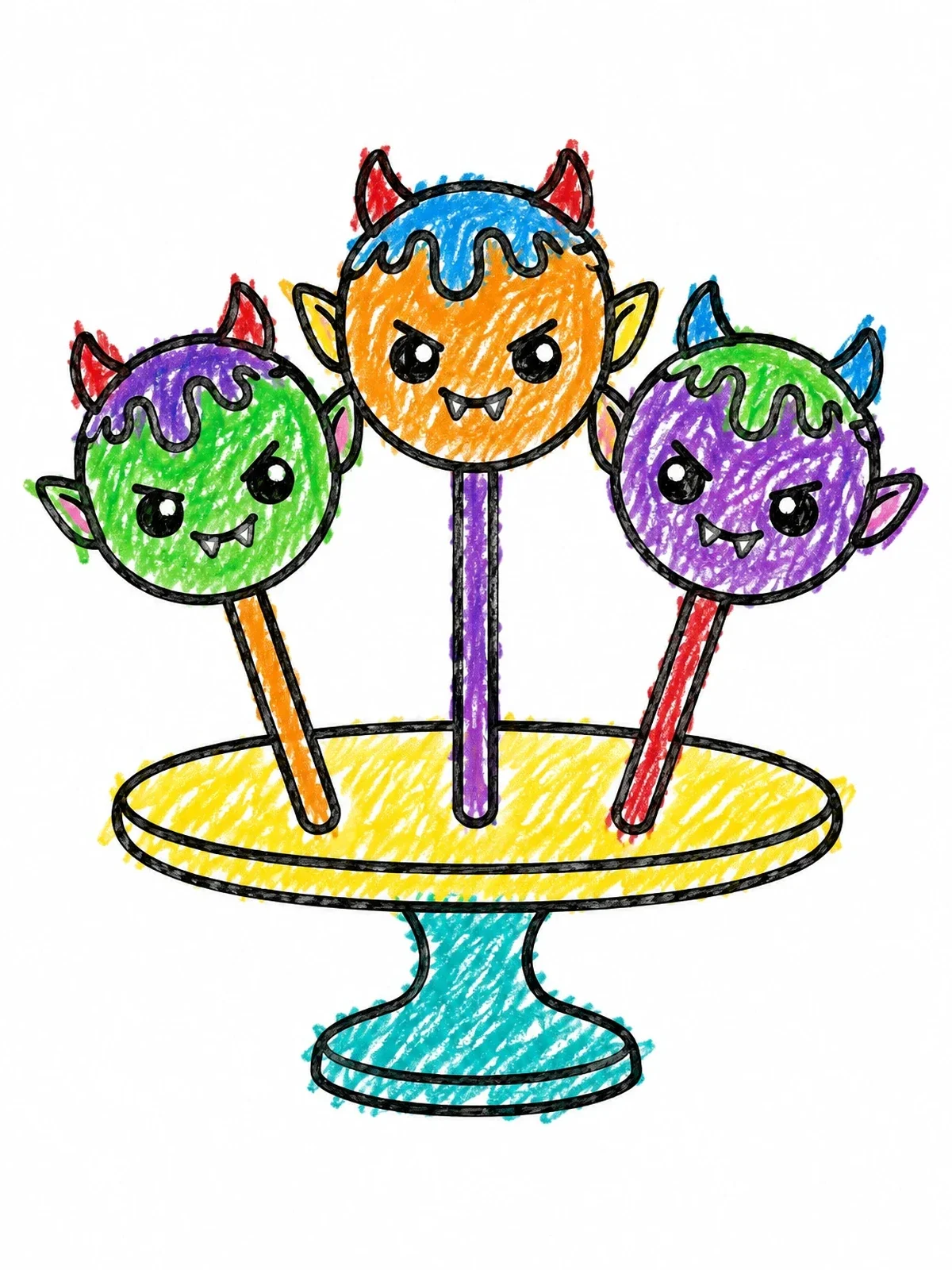 Colored example of the Spooky Monster Cake Pops On Stand coloring page