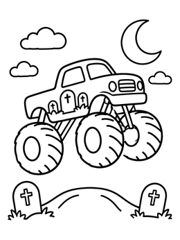 Free printable Spooky Monster Truck Jumping At Night coloring page