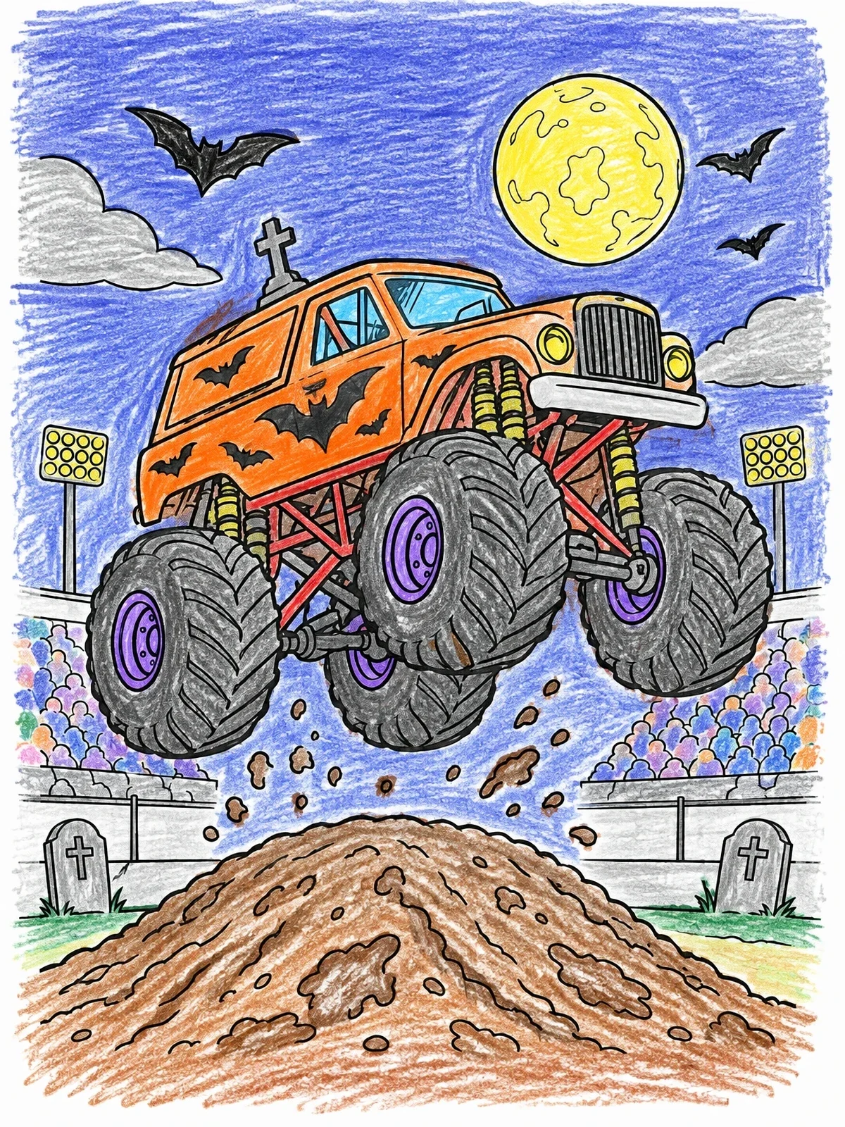 Colored example of the Spooky Night Monster Truck Jump coloring page