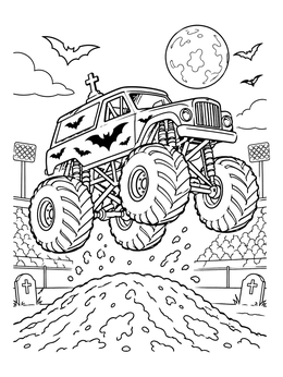 A spooky monster truck coloring page leaping over a dirt mound under a full moon with bats.