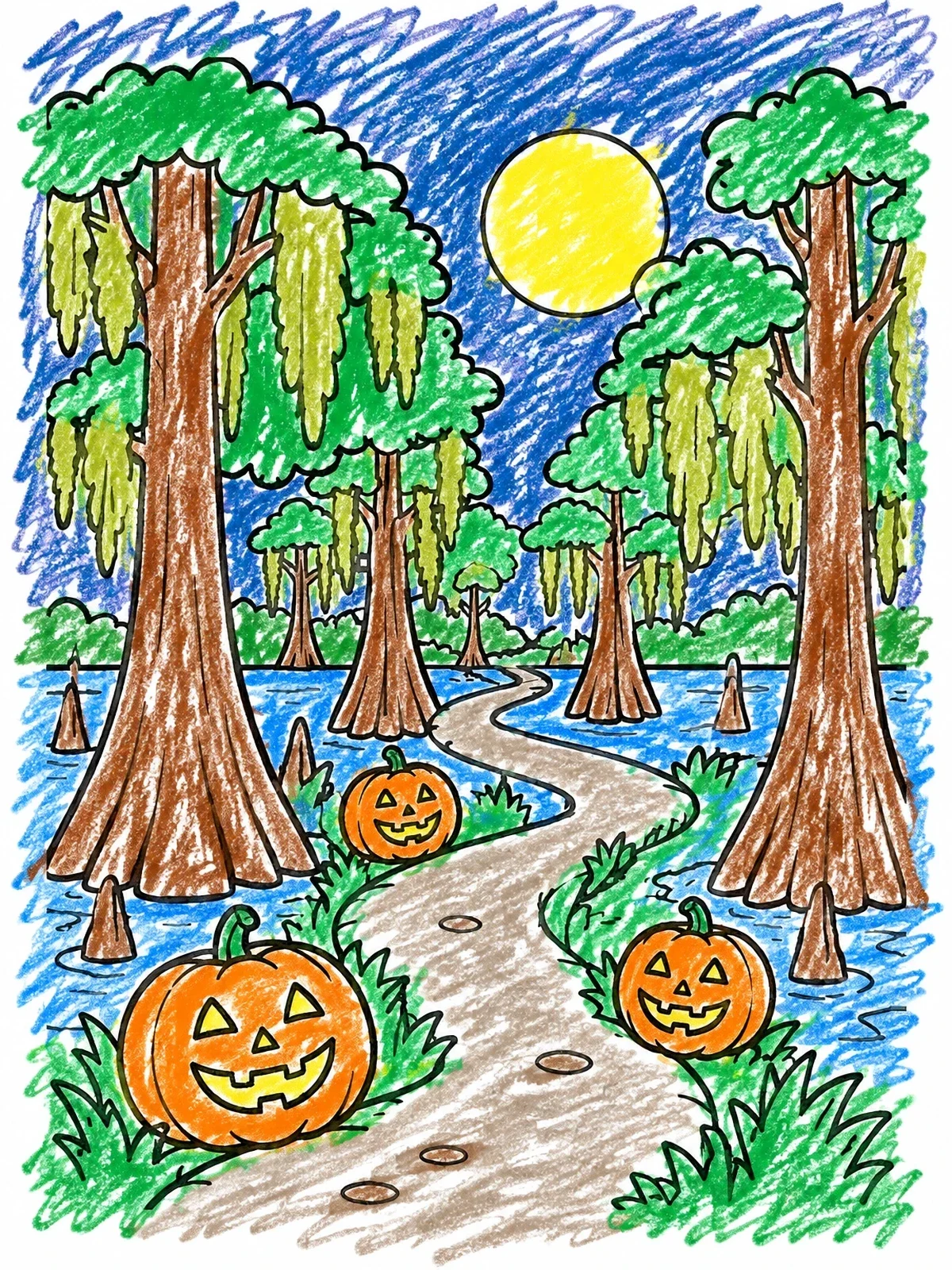 Colored example of the Spooky Swamp With Carved Pumpkins coloring page