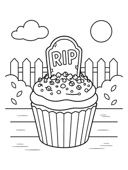 Free printable Spooky Tombstone Halloween Cupcake coloring page