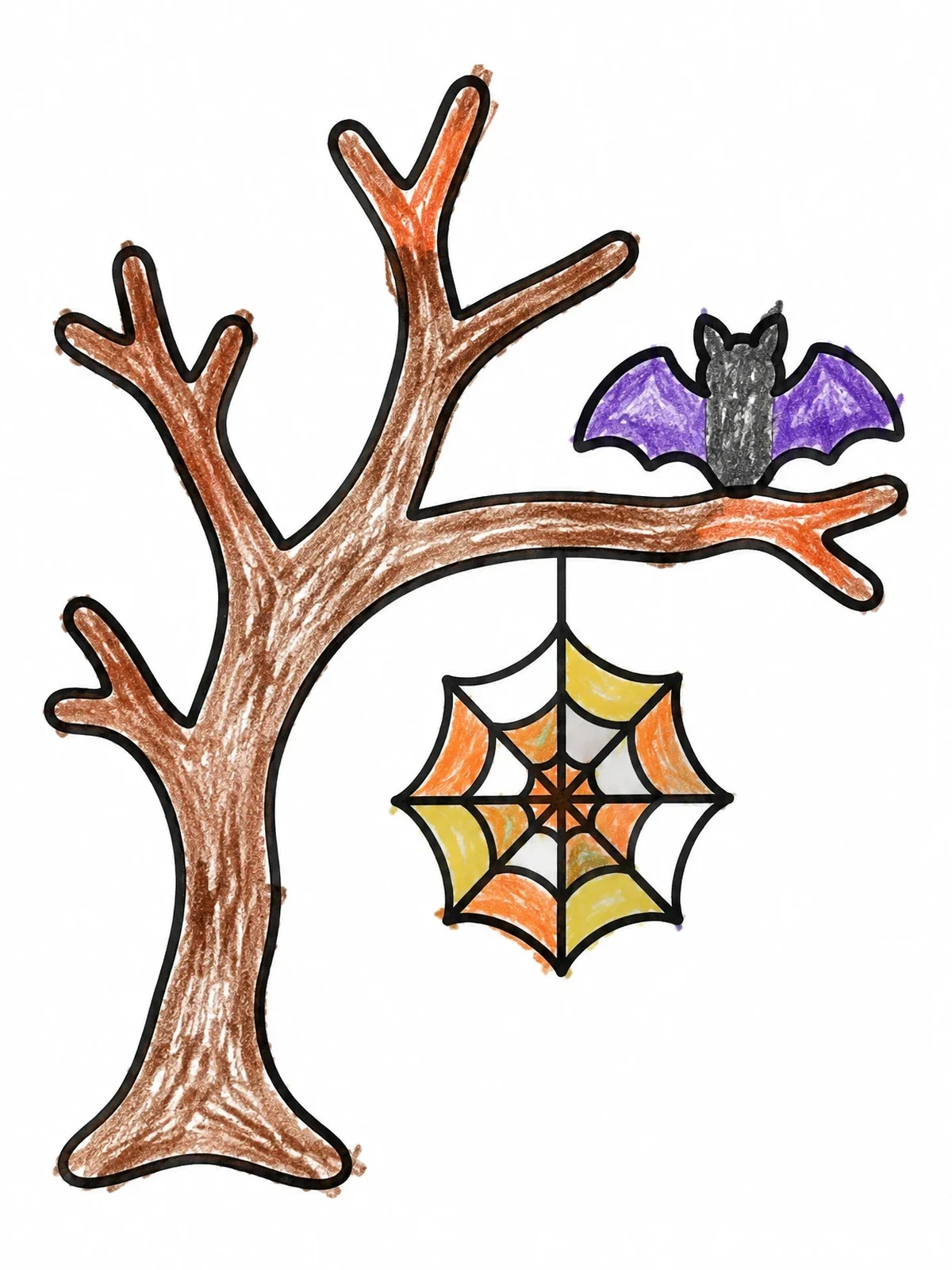 Colored example of the Spooky Tree Branch With Bat And Web coloring page