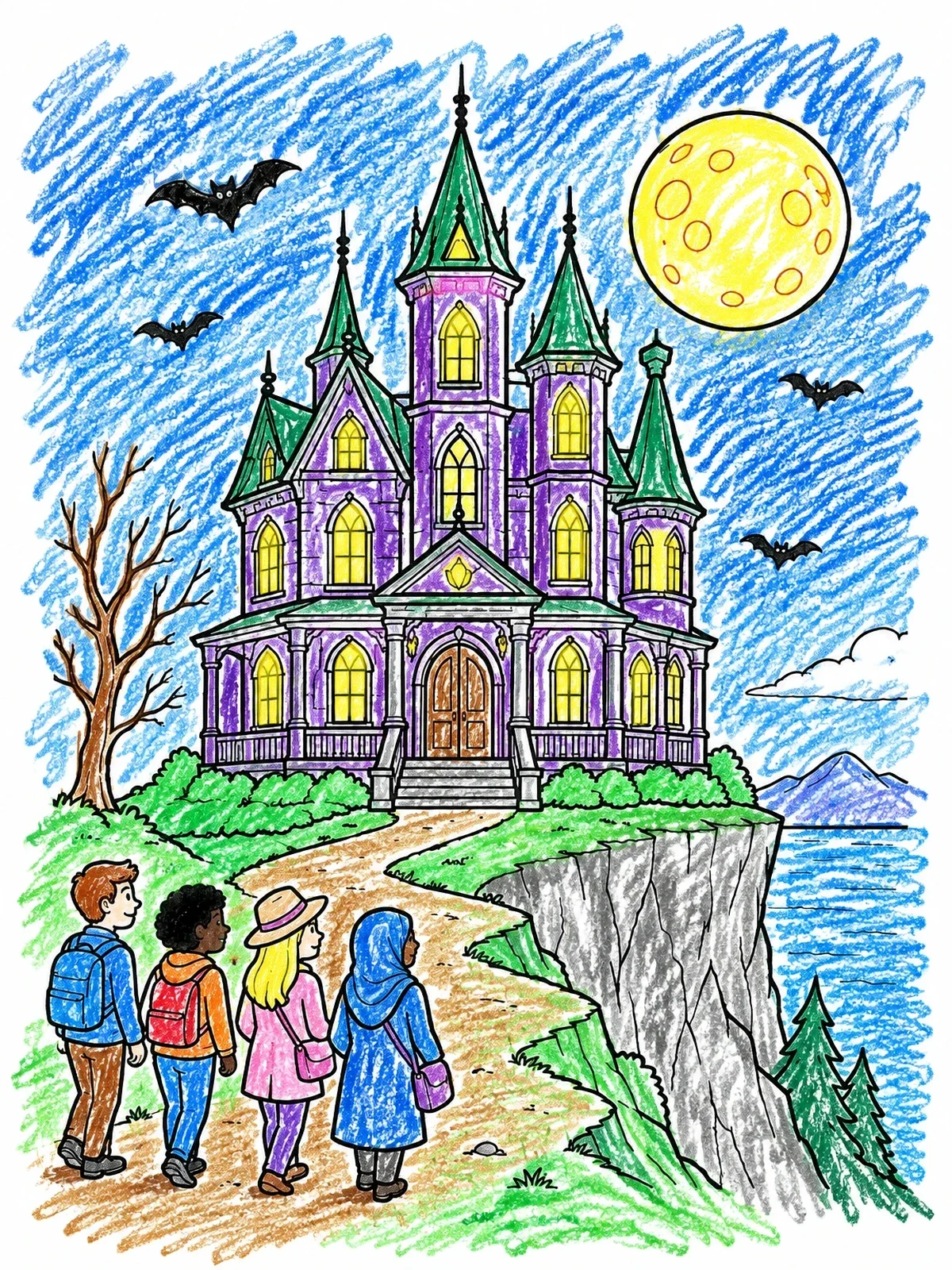 Colored example of the Spooky Victorian Hotel On A Cliff coloring page