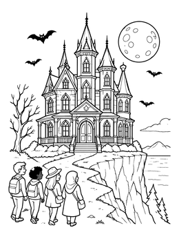 Free printable Spooky Victorian Hotel On A Cliff coloring page