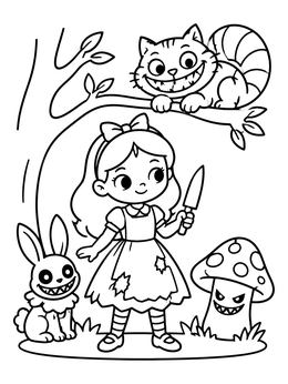 Free printable Spooky Alice With Grinning Wonderland Creatures coloring page