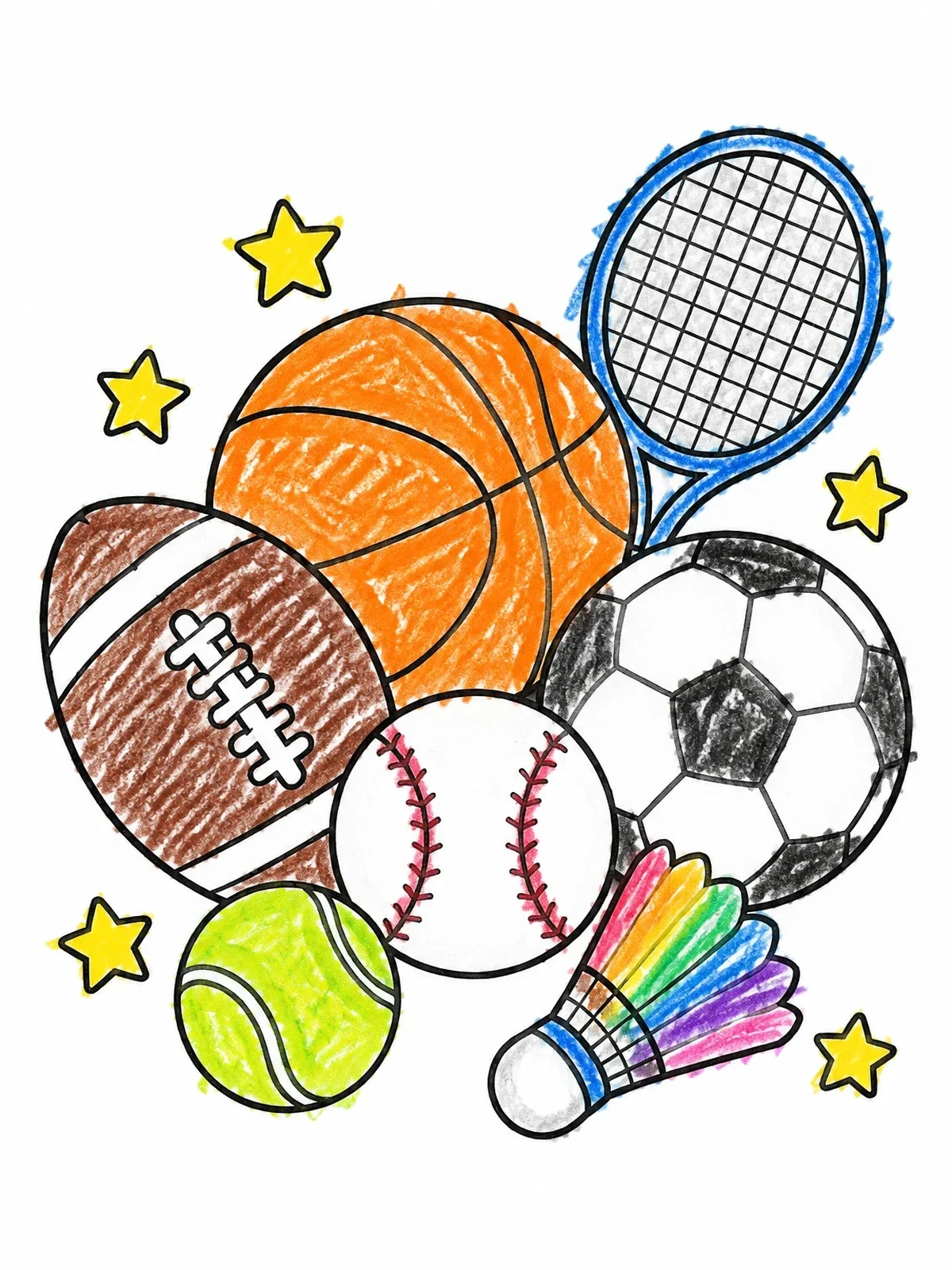 Colored example of the Sports Equipment Doodle Cluster coloring page