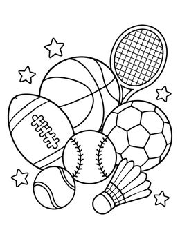 Sports balls and gear in a doodle coloring page.