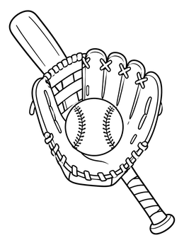 A baseball resting in a leather mitt with a bat behind it on this sports coloring page.