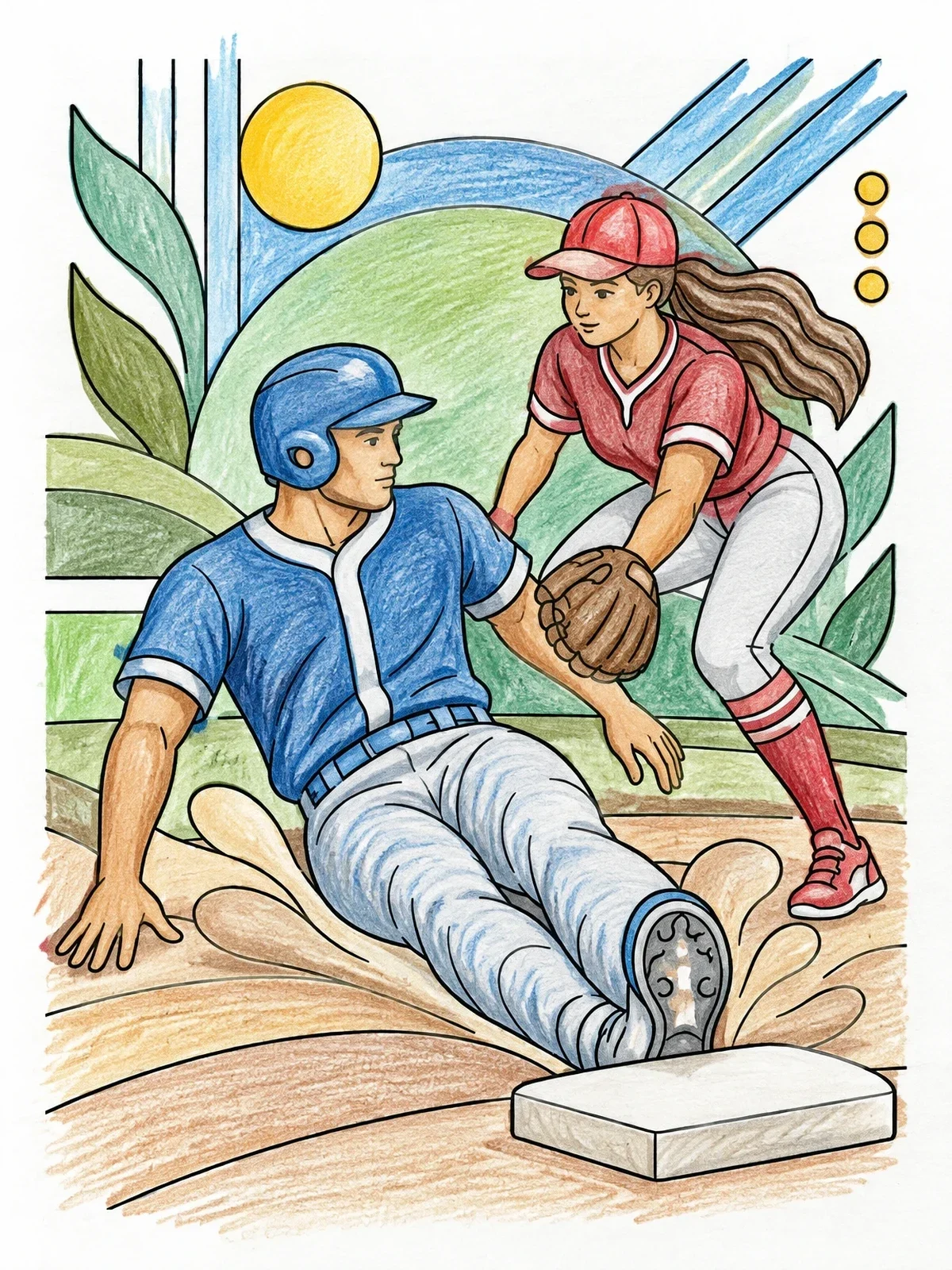 Colored example of the Baseball Player Sliding Into Base coloring page