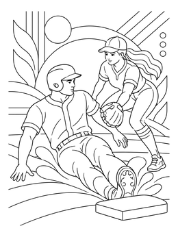 A dynamic sports coloring page showing a baseball runner sliding into home base near a fielder.