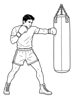 An active boxer hits a heavy bag in this sports coloring page.