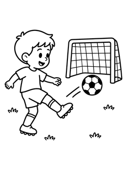 Free printable Boy Kicking Soccer Ball Into Goal coloring page
