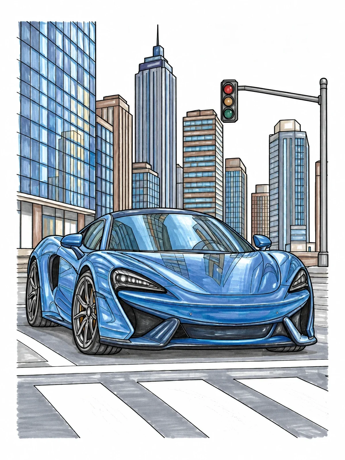Colored example of the Sports Car In The City coloring page