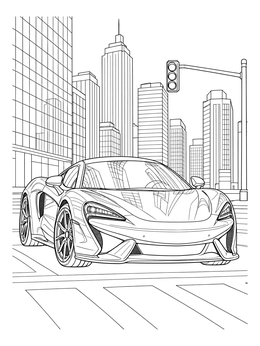 A modern sports coloring page featuring an aerodynamic sports car at a city crosswalk.