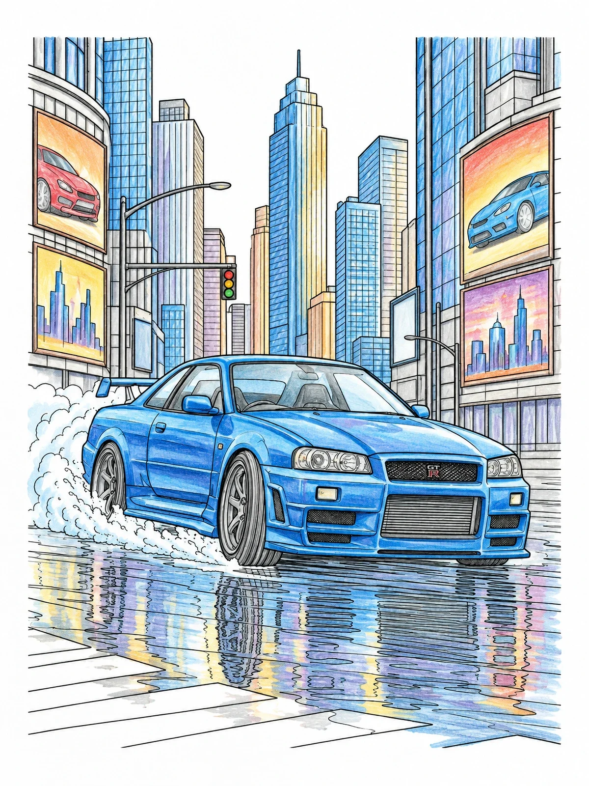 Colored example of the Sports Car Drifting In City coloring page