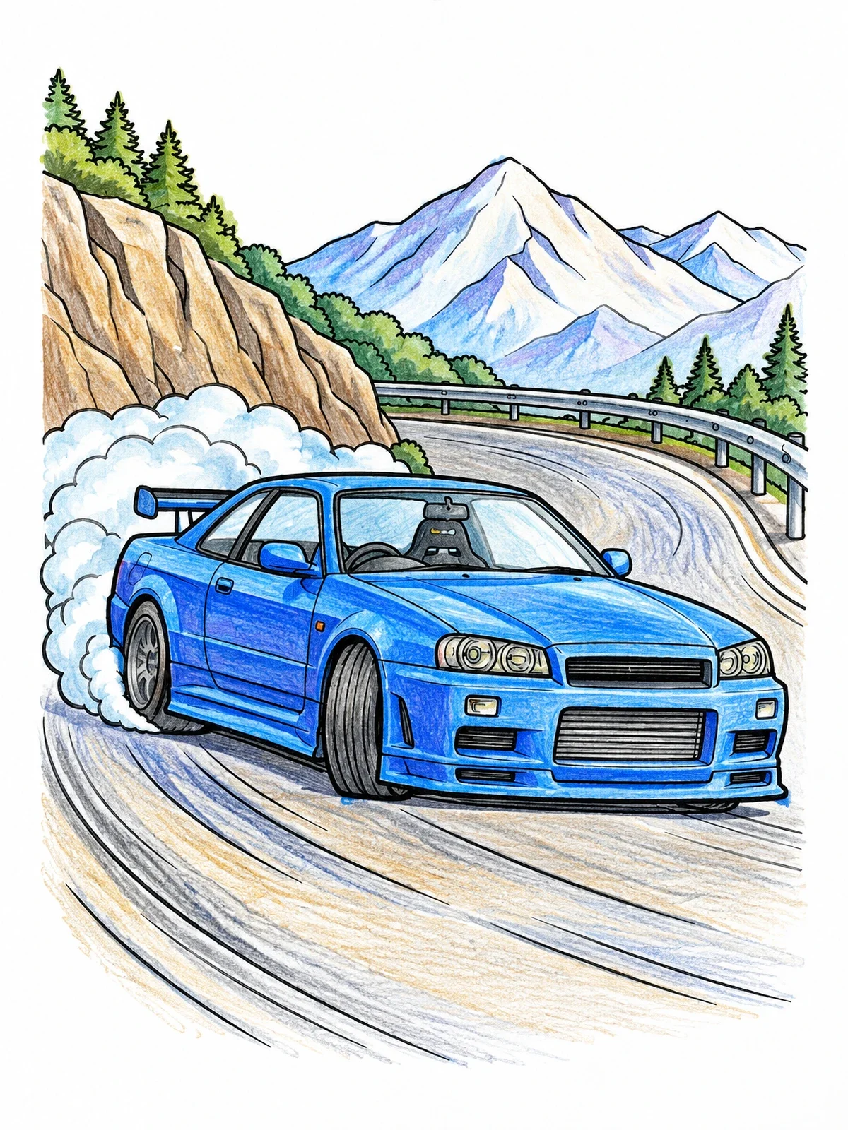 Colored example of the Sports Car Drifting On Mountain Road coloring page