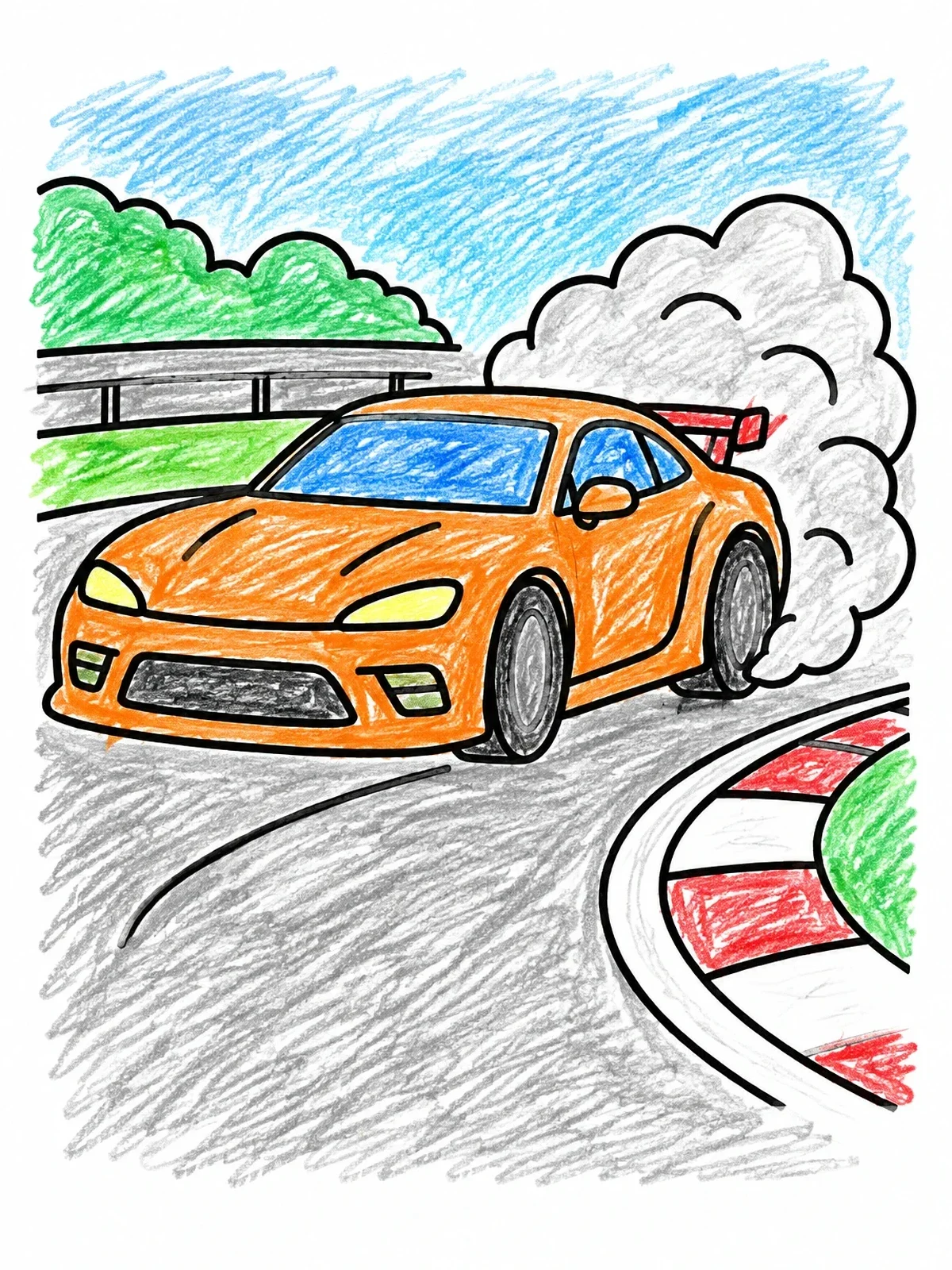 Colored example of the Sports Car Drifting On Track coloring page